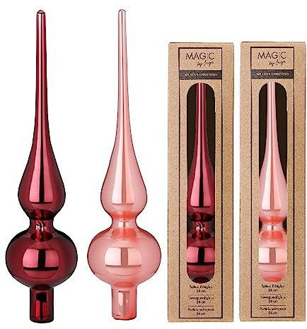 Julgransspets, glas, 26 cm x 1 st, matt eller glänsande – julgransspets för julgran, julgransdekoration och julgransprydnad, vinröd, rosa – vintage ros