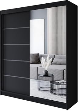 Easy4You P3 180 cm Schwarz Schiebetüren Kleiderschrank 180x215x58 cm mit Spiegel - Schlafzimmermöbel, Aufbewahrung - Mehrzweckschrank