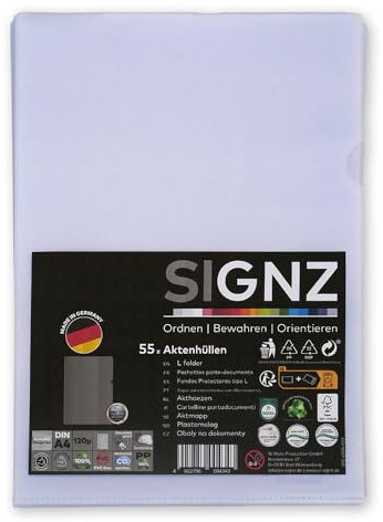 SIGNZ Aktenhüllen (DIN A4, extra starke 120 my), 55 Stück, genarbt, CO2-neutral hergestellt, made in Germany