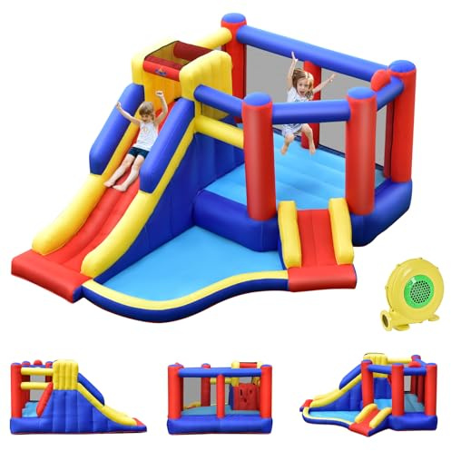 LIFEZEAL Castello Gonfiabile per 4 Bambini 3-10 Anni, Giochi, con Soffiatore, 2 Scivoli, Piscina, Trampolino, Parete da Arrampicata, Canestro e Palla, per Interno, Esterno, Max 120 kg, Regalo