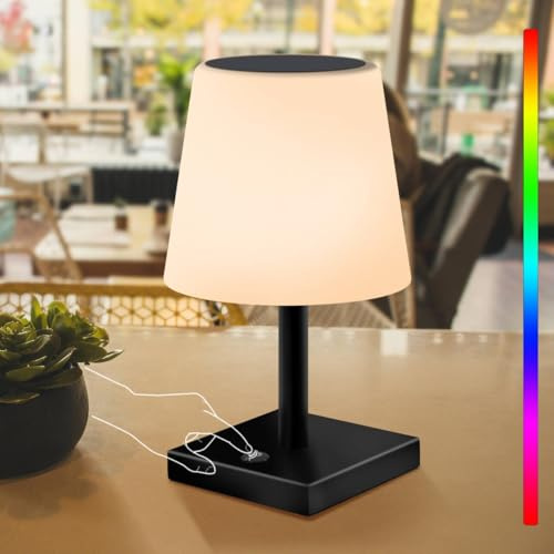 Postlucky LED Lámpara de Mesa Solar para Exterior, Regulable con Luz Blanca Cálida y RGB, Recargable, Inalámbrica, IP44, Ideal para Jardín, Mesa o Hotel​
