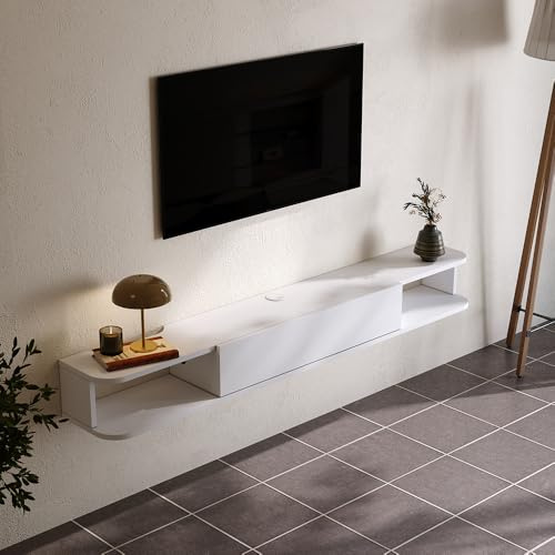 Warmiehomy Floating TV Unit Wall Mounted TV Unit with Router and Cable Holes Media Wall Units for Living Room(White, 140cm)