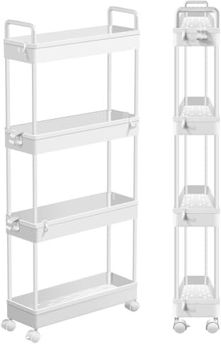 VickyHome Rollwagen, Küchenwagen mit 4 Ebenen Regal Bad Regal Weiß Schmal, Multifunktional Küchenwagen Schmal mit 11 Haken, 360° Universalrad für Büro, Wohnzimmer, Küche, Weiß