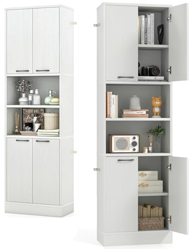 KOMFOTTEU Aparador de Cocina con 2 Armarios con Puertas y Estantes Abiertos, Armario Alto de 6 Niveles con Dispositivo Antivuelco, Mueble de Almacenamiento para Salón, 56 x 30 x 190 cm (Roble Blanco)
