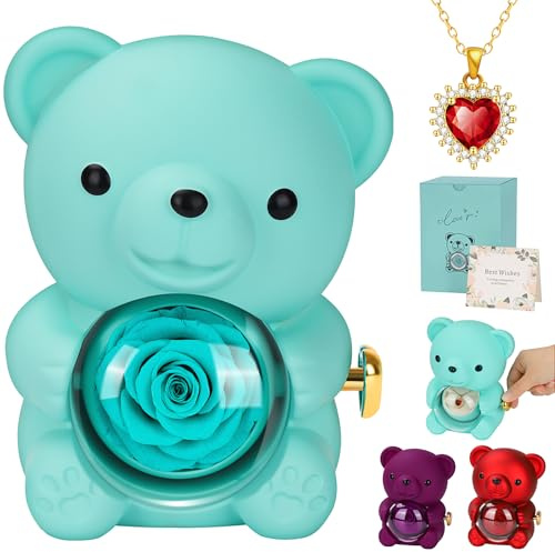 MestectPET Rosa Eterna, Rosa Preservada Caja de Osos con Collar de Corazón Día de la Madre San Valentín Bodas Aniversarios Cumpleaños y Navidad para Mamá Novia y Mujer (Azul)