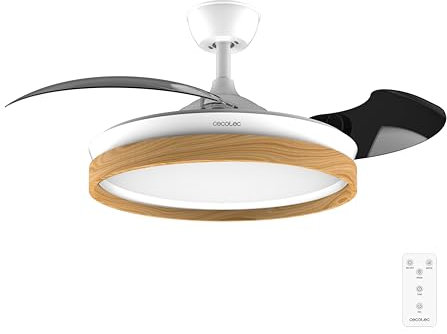 Cecotec Ventilador de Techo con Luz Energysilence Aero 4320 Invisible Wood&White. 35W, 6 Velocidades, Aspas Retráctiles, Mando a Distancia, Temporizador, LED Integrada, Intensidad Lumínica Regulable