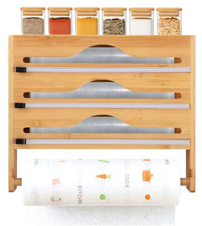 Foil Film Dispenser and Cutter with Kitchen Roll Holder, Wrap Dispenser with Cutter, Wall Mount Bamboo Kitchen Roll Cling Film and Foil Organiser, Compatible with 32cm Rolls or Lower Rolls