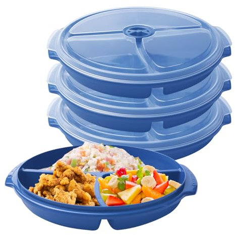 Set 3 Mikrowellen Teller: Mikrowellengeschirr mit Deckel Mikrowellenteller BPA-frei Wiederverwendbar, Mikrowellenfeste Frischhaltedose mit 3 Fach Aufteilung Deckel zum Erhitzen Einfrieren-Dunkelblau
