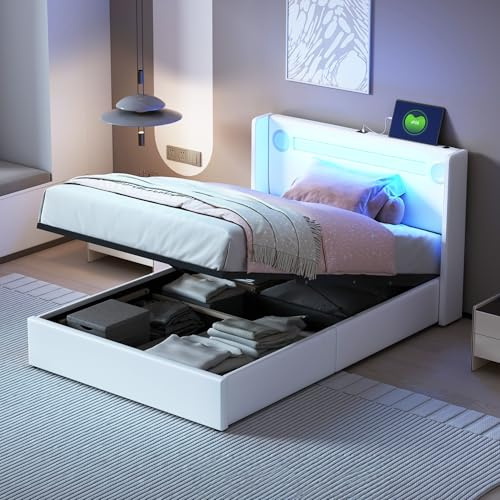 LAKFEW Cama Individual Cama 90x200 cm con USB y Luz LED, Camas Juveniles con Reproductor Bluetooth y Almacenamiento Hidráulico, Camas Individuales, Estructura Metálica, PU, Blanco, Sin Colchón