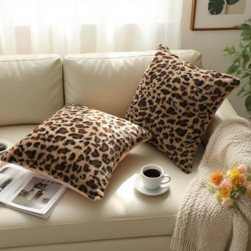 QIFONIX Leopard Print Throw Pillow Covers,Plush Faux Fur (Brown,18 x 18 (Pack of 2))