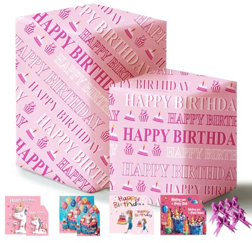 Pink Happy Birthday Wrapping Paper 43% Bigger 85 * 60cm,4 Sheets,4 Bows,4 Cards,4 Envelopes,4 Tags,Gift Wrap Pack for Her Girls,Mum,Wife,Sister,Daughter,Kid