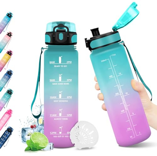 JAPORIA Borraccia Sport 500ml, a Prova di Perdite, Borraccia Sportiva con Indicatore del Tempo, senza BPA, Bottiglia Acqua Motivazional per Bici, Palestra, Scuola, Gym