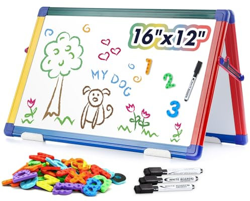 Swansea A3 Magnetic Tabletop Whiteboard Stand Dry Erase Board Double Sided Desktop White Board for School with Letters and Numbers Magnets,42x30cm