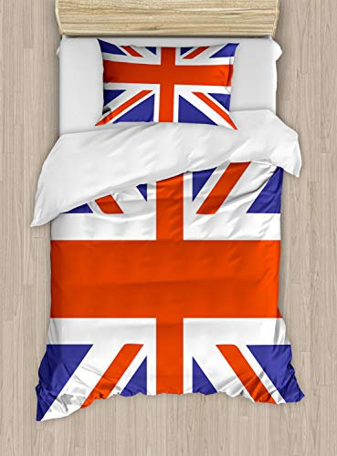 ABAKUHAUS Union Jack Bettbezug Set Doppelbett, Britische Loyal, Kuscheligform Top Qualität 2 Teiligen Bettbezug mit 1 Kissenbezüge, 170 x 220 cm - 75 x 50 cm, Royal Blue Weiß