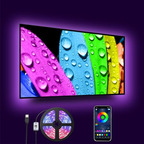 Romwish TV LED Backlights 4.5M, LED Strip Lights with Bluetooth APP Control for 50-65 inch TV, 16 Million Colors, Music Sync Color Changing + Sensitive Mic + Timing Function, Adapter USB Powered