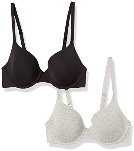 Amazon Essentials Women's Comfortable Underwire T-Shirt Bra, Pack of 2, Black/Grey Heather, 38D