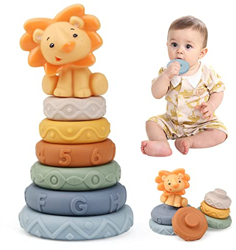 LEADSTAR Tour Souple Empilable, Jouet Sensoriel Eveil Bebe Jeux Montessori, Cube D'activité Bébé Module Motricité, Educatif Cadeau de Bain et Dentition pour Bebe Enfant 6 9 12 Mois (Yellow)