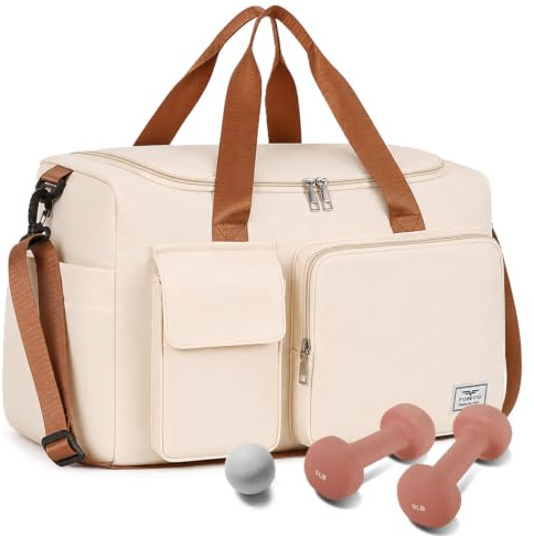 FIORETTO 35 l damsportväska, vikbar resväska med skofack och våtfack, vattenavvisande weekender gym reseväska, handbagage, väska, träningsväska för kvinnor män, 35 l beige och brun, Einheitsgröße