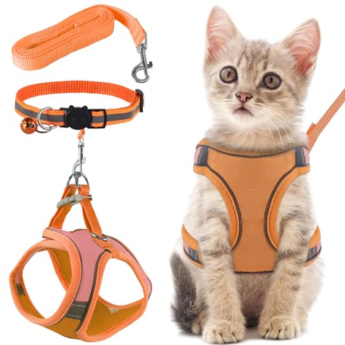 FIHODONE Kattsele med kattkoppel, kattkrage, kattsele med bly, flyktsäker, kattsele justerbar, kattkoppel med sele för katter, orange med reflekterande remsor (L, orange)
