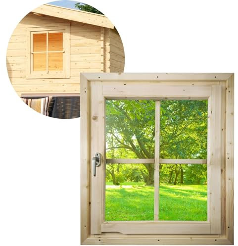 ULTINESS - Gartenhaus Fenster Holz 69 x 80 cm Dreh-/Kippfenster Gartenhausfenster mit Echtglas für 28 mm Gartenhäuser (28 mm)