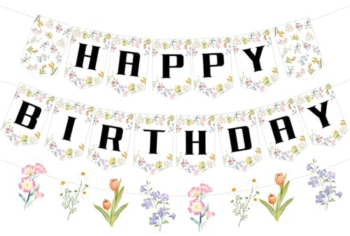 Ensemble de bannières de décorations d'anniversaire fleuries de printemps, guirlande joyeux anniversaire décorations d'anniversaire florales, décorations de fête de fleurs sauvage, panneau de bannièr