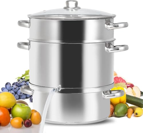 WXFKLDJ Estrattore di Succo A Vapore da 11 QT, Pentole in Acciaio Inossidabile, Estrattore di Succo A Vapore A 3 Strati, con Coperchio in Vetro Temperato, Tubo Flessibile, Morsetto, per Frutta