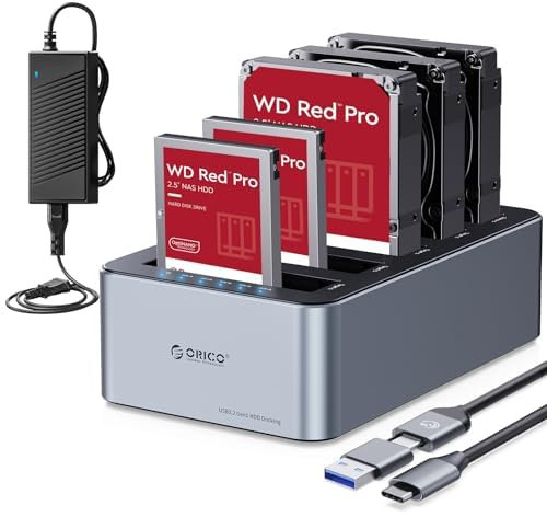 ORICO Aluminium Clone HDD Docking Station, 5 Bay Festplattengehäuse USB 3.2 Gen 1 für SATA 2,5/3,5 Zoll SSD/HDD bis zu 5 x 20 TB, Offline-Klonen, 12V/6,5A Netzteil (6656C3-C)