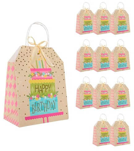 Idena 90241 - Bolsas de regalo Tarta Feliz Cumpleaños, 12 unidades, bolsas de regalo de tamaño 19 x 25 x 11,5 cm, bolsas de papel con lunares dorados