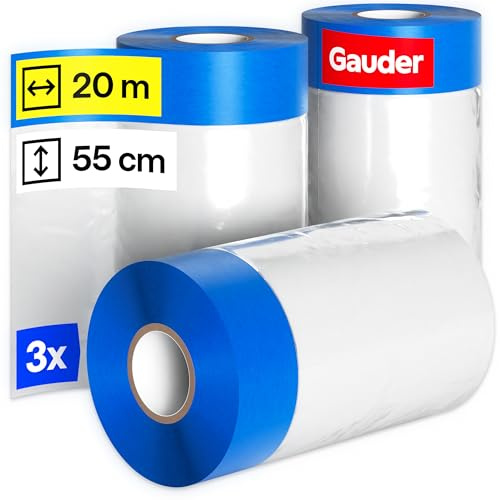 GAUDER 3 Rouleaux de Masker avec Ruban de Masquage (55 cm x 20 m) | 33 m² de Film de Protection Pré-Adhésif | Lot de 3 pour Fenêtres, Portes et Interrupteurs