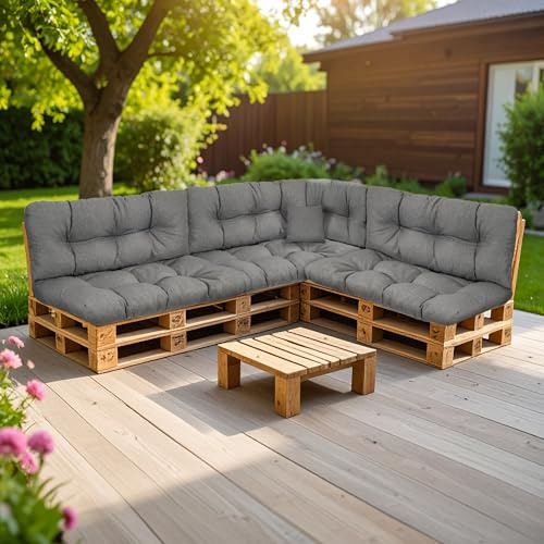 SLIPIO Palettenkissen, Kissen für Europaletten, FÜLLPRO+ Füllung, Palettenpolster (8-teiliges Set - 3X Rückenkissen 120x40cm + 3X Sitzkissen 120x80cm + 60x40 & 50x50 - Dunkelgrau Wasserfest)