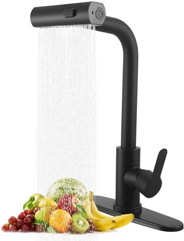 Gxpjycfob Robinet Cuisine Noir Cascade, Rotatif à 360° Mitigeur Cuisine avec Douchette, Acier Inoxydable à Haute Pression avec Levier Unique et 3 Modes de Pulvérisation