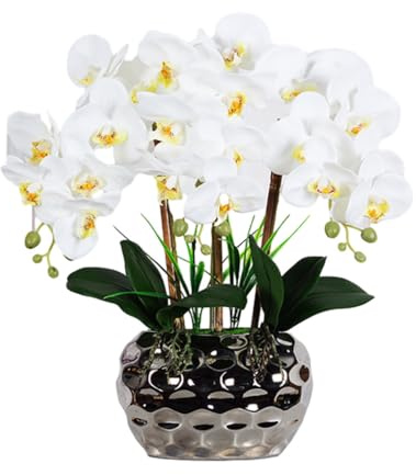 KIXZSAZ Grande orchidea artificiale bonsai con vaso Phalaenopsis Real Touch piante finte composizioni di orchidee per la decorazione del soggiorno, Bianco giallo chiaro