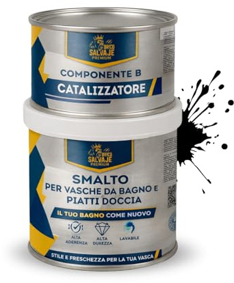 BRICOSALVAJE Vernice poliuretanica per vasche da bagno e piatti doccia | 750 ml (600+150 ml) | Finitura ceramica satinata | Due componenti | Impermeabile e resistente (Ebano Profondo)