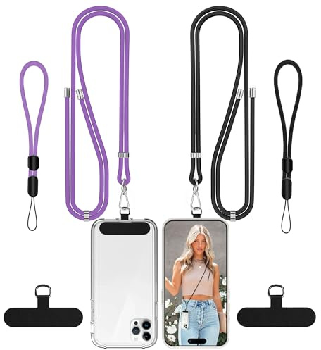 COCASES Phone Lanyard Crossbody 2 Pack Adjustable Anti-Theft Strap and 2 Pack Wrist Strap for Neck Belts iphone Lanyard Compatible with Most Mobile Phone-2 Patches Black/Deep Purple