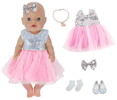 5 abiti per bambole da 14 a 18 pollici, abbigliamento per bambole da 30 a 43 cm, 1 gonna con paillettes rosa, 1 fascia per capelli, 1 collana di perle, 1 gruccia, 1 paio di scarpe, regalo di