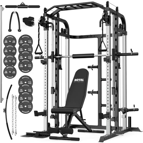 Royal Fitness Smith Machine with Cable Crossover, Power Cage Home Gym with LAT-Pull Down System, Power Rack with Smith Bar, Black