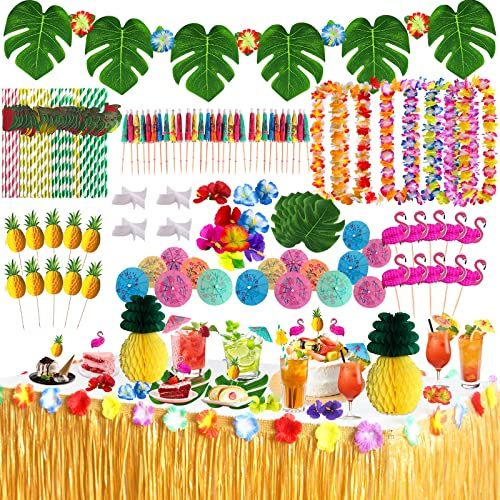 107 Pcs Hawaiano Luau Falda de Mesa Set de Decoración, Fiesta Hawaiana, Decoración para Tarta con Flores Hawaianas de Hoja de Palma, Perfecta para la Playa de Verano y Fiestas Temáticas Hawaianas