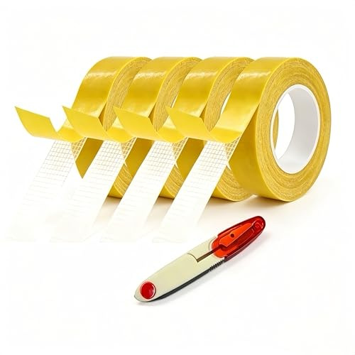 NETFLO 4 PCS Double Sided Fabric Tape 33FTx0.8IN Heavy Duty Hem Tape | Fabric Double Sided Tape for Fabric Curtains Carpets Clothes Trousers Dresses With A Pair of Scissors