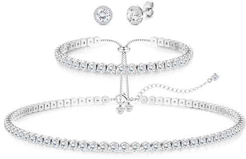 Diamday Silver Jewellery Set for Women, Tennis Necklace Bracelet Earrings