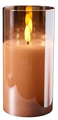 Högkvalitativt och ädelt LED-ljus i glas – timer – realistiskt flimrande – ny design (bärnsten, höjd: 15 cm – Ø 7,5 cm)