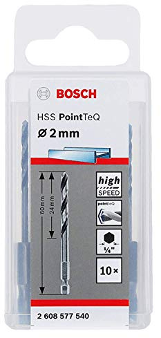 Bosch Professional 10 st. PointTeQ borr (för metall, Ø: 2,0 mm, arbetslängd: 24 mm, totallängd: 60 mm, ¼-sexkantsskaft, tillbehör för slagskruvdragare och skruvdragare)