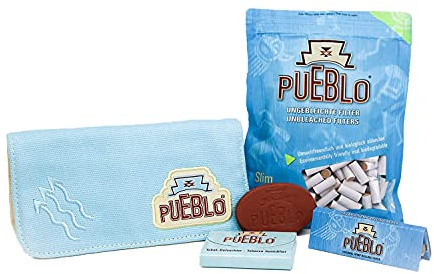 Pueblo Tabaktasche Set NEU Tabaketui Tabakbeutel Drehertasche mit Reißverschluss Blättchenfach Hydrostein Filters ungebleicht Papers Hanf Pouch Set