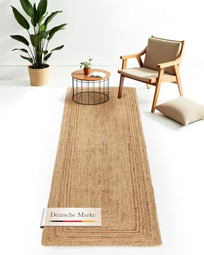 carpetfine Juteteppich Nele Läufer Brücke Beige handgewebt aus Jute 75x300 cm | Moderner Naturfaserteppich im Boho Style für Küche, Flur und Brücke
