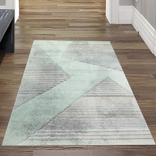 Teppich-Traum moderner Wohnzimmerteppich abstraktes Muster gestreift schwarz grau grün rosa - pflegeleicht Größe 60x110 cm