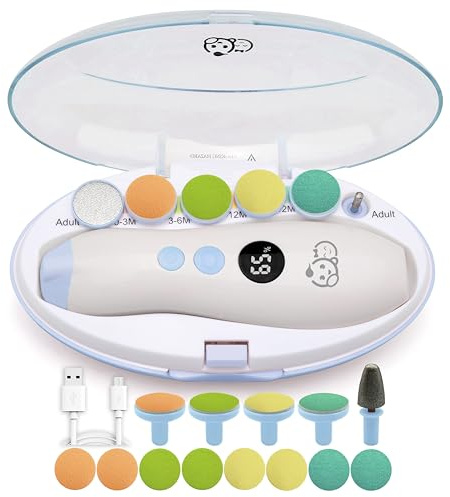 Royal Angels Rechargeable 22 in 1 Baby Nail Trimmer with LCD Display, Labeled Case, 13 Extra Pads, 4 Speed Settings, Safe Quiet LED Light Electric Baby Nail File Kit for Kids (Rechargeable,WhiteBlue)