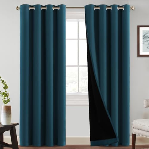 PrinceDeco Blackout Curtain 96 inches Long,Black Liner,2 Panels,Deep Teal
