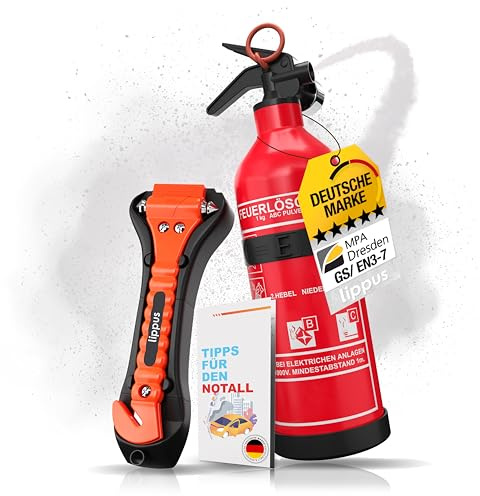 Feuerlöscher Auto 1kg + Nothammer Auto mit Gurtschneider [INKL. NOTFALLKARTE] - Strengste Qualitätssicherung - Notfallhammer, PKW Autofeuerlöscher, kfz, klein