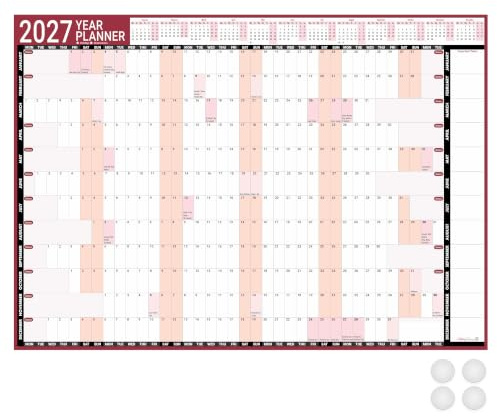Giftinghouse 2027 Wall Planner UK A2 Year to View - Jan 2027 To Dec 2027 59.4 x 42 cm Year Planner 2027 – with Notes Space Ideal for Home, Office, School & Planning