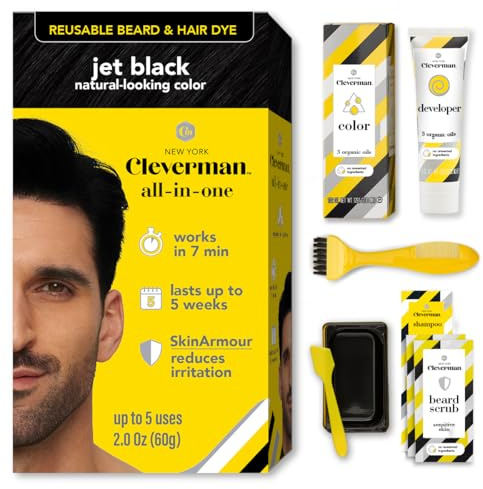 Reusable Hair & Beard Dye for Men – Jet Black 1.7 | Up to 5 Uses, 7 Minutes | Natural Gray Coverage, No-Drip Cream with SkinArmour® – Cleverman