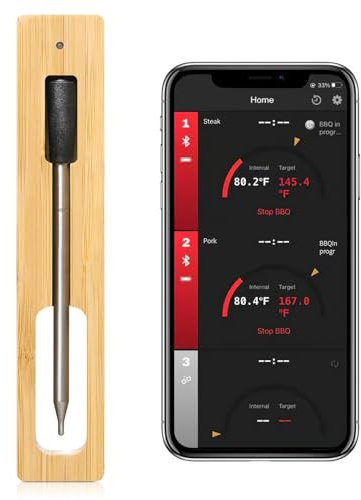 Fleischthermometer Kabellos, 50m Bluetooth IP67 Wasserdicht Grillthermometer, Meat Thermometer Bratenthermometer für Backofen Grill Rotisserie Air Fryer, IOS/Android kompatible APP